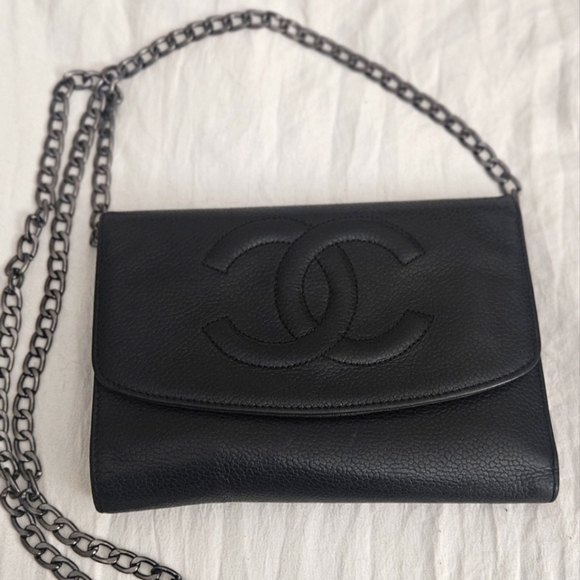 CHANEL Handbags - Authentic Chanel Black Lambskin Wallet On Silver Chain Vintage
